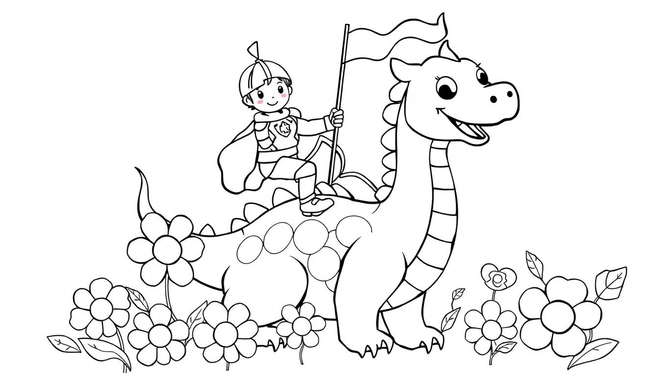Schwarz-Weiß-Farbtafel eines kleinen Ritters auf einem Dinosaurier.