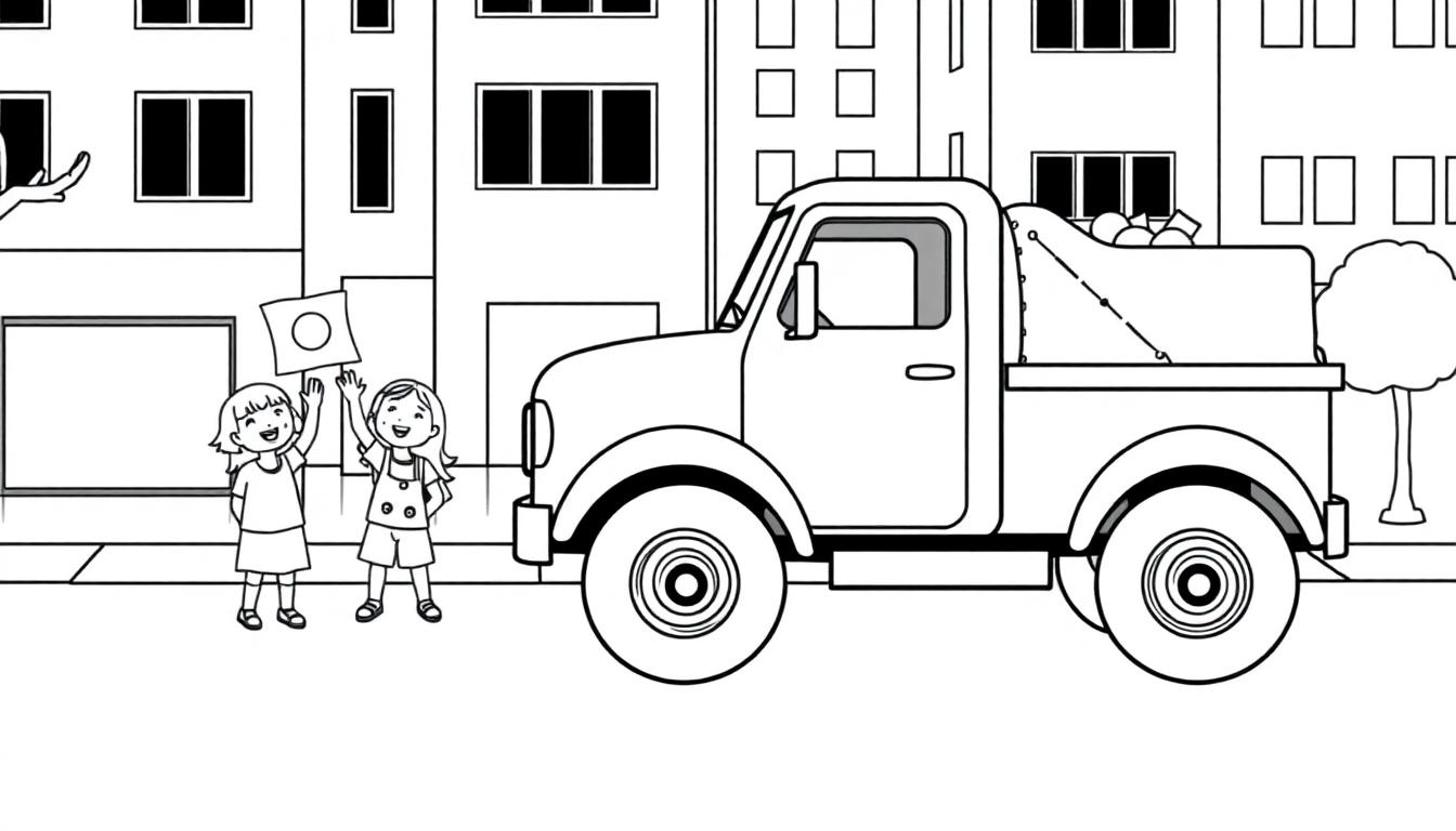 Eine Farbtafel-Illustration von zwei Kindern, die einem Lieferwagen zuwinken, mit einer Stadtkulisse im Hintergrund.