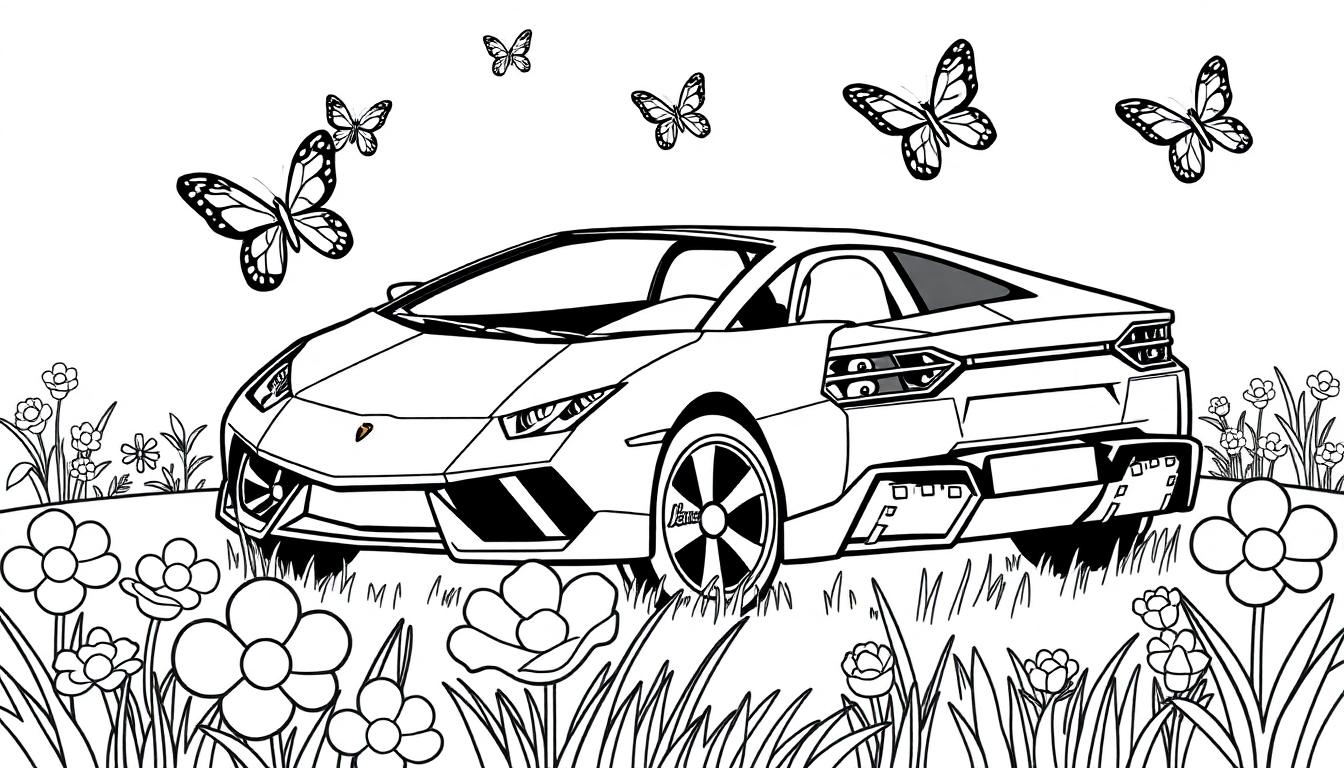Schwarz-weiße Farbtafel-Zeichnung eines Lamborghini im Profil, umgeben von Blumen und Schmetterlingen.