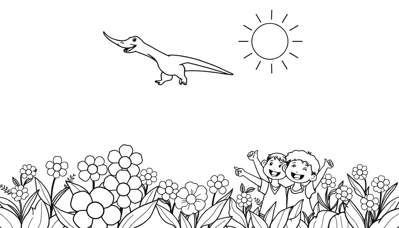 Eine Farbtafel mit einem freundlichen Dinosaurier, der über eine Blumenwiese geht, und zwei Kindern, die ihn anlächeln.