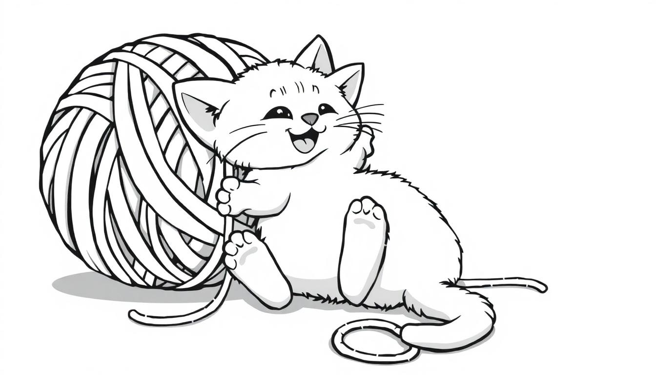 Ein niedliches Cartoon-Kätzchen spielt mit einem Wollknäuel in einer Farbtafel-Darstellung.