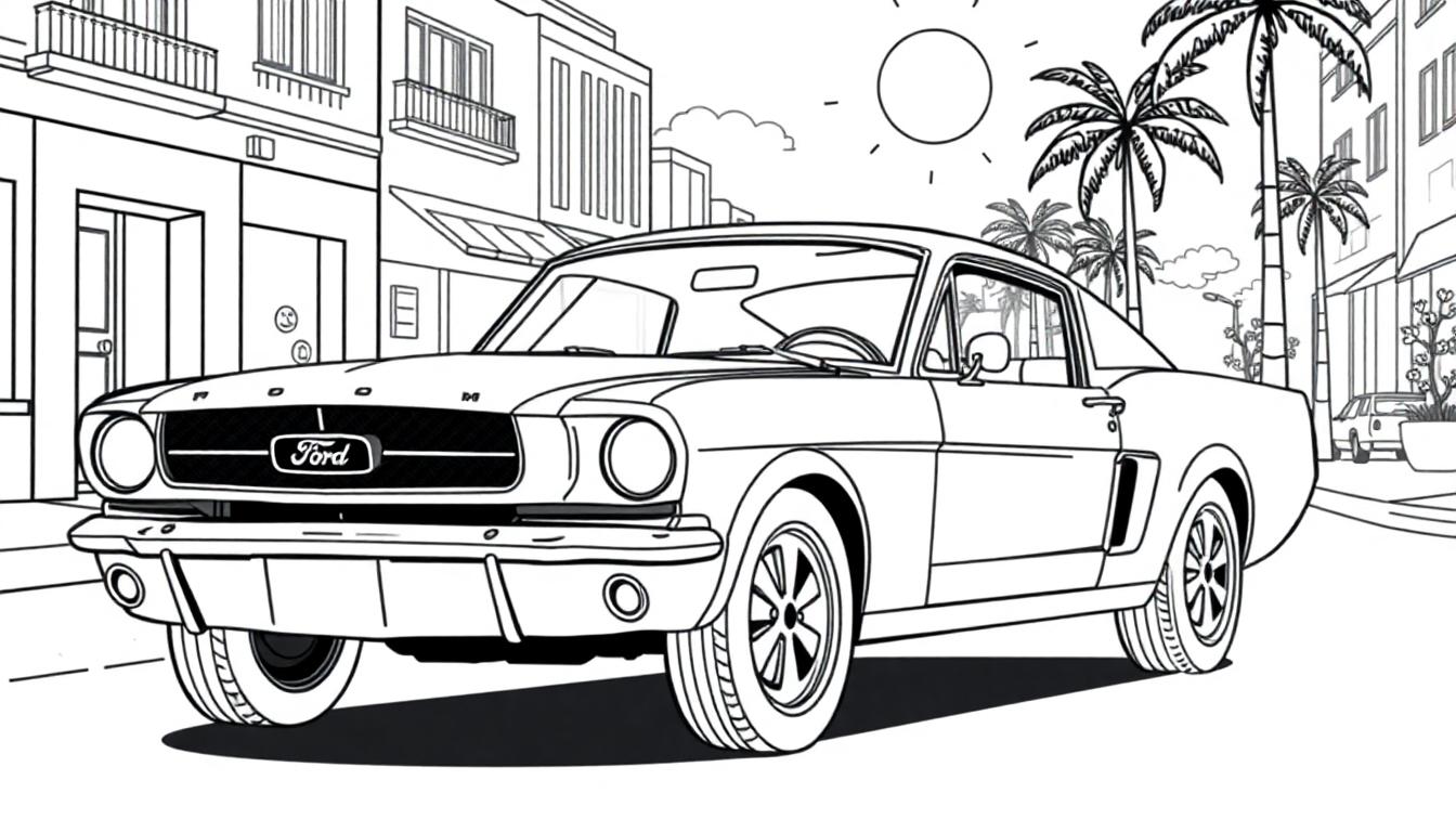 Schwarz-weiße Farbtafel eines klassischen Ford Mustang von 1966, der auf einer sonnigen Straße mit Palmen und Gebäuden im Hintergrund abgebildet ist.