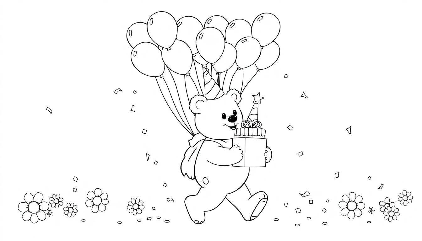 Schwarz-Weiß-Farbtafel-Cartoon eines Teddybären mit Geburtstagshut und Schal, der einen Geburtstagskuchen mit Kerze und Luftballons trägt, umgeben von Konfetti und Blumen.