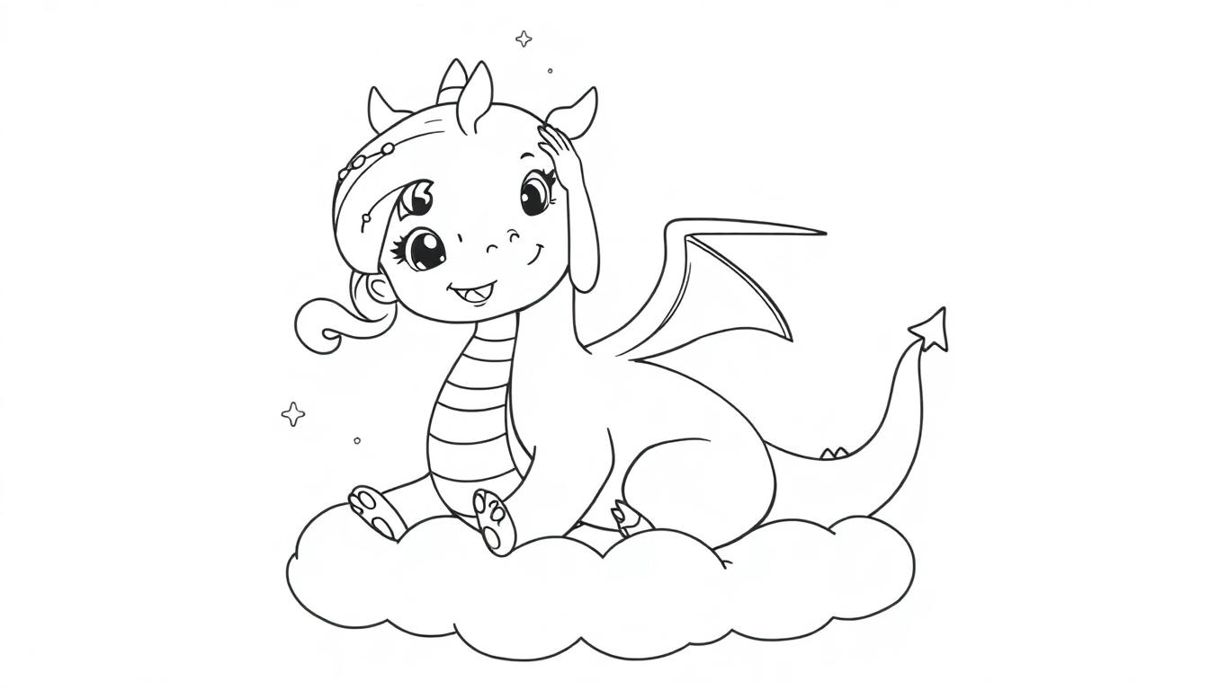 Eine Farbtafel: Ein süßer, schwarz-weißer Cartoon-Drache sitzt auf einer Wolke und wird von Jasmin gestreichelt.