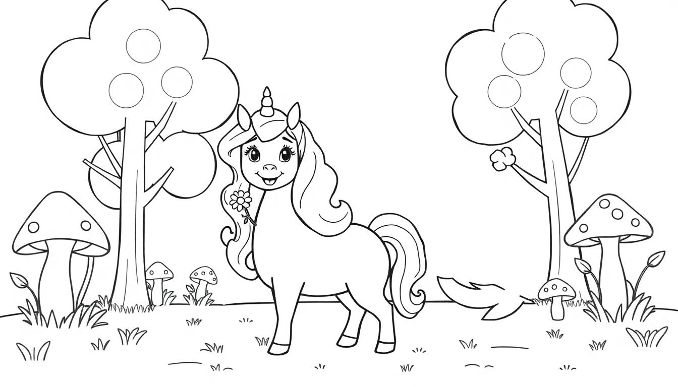 Einhorn-Farbtafel mit Prinzessin und Wald.