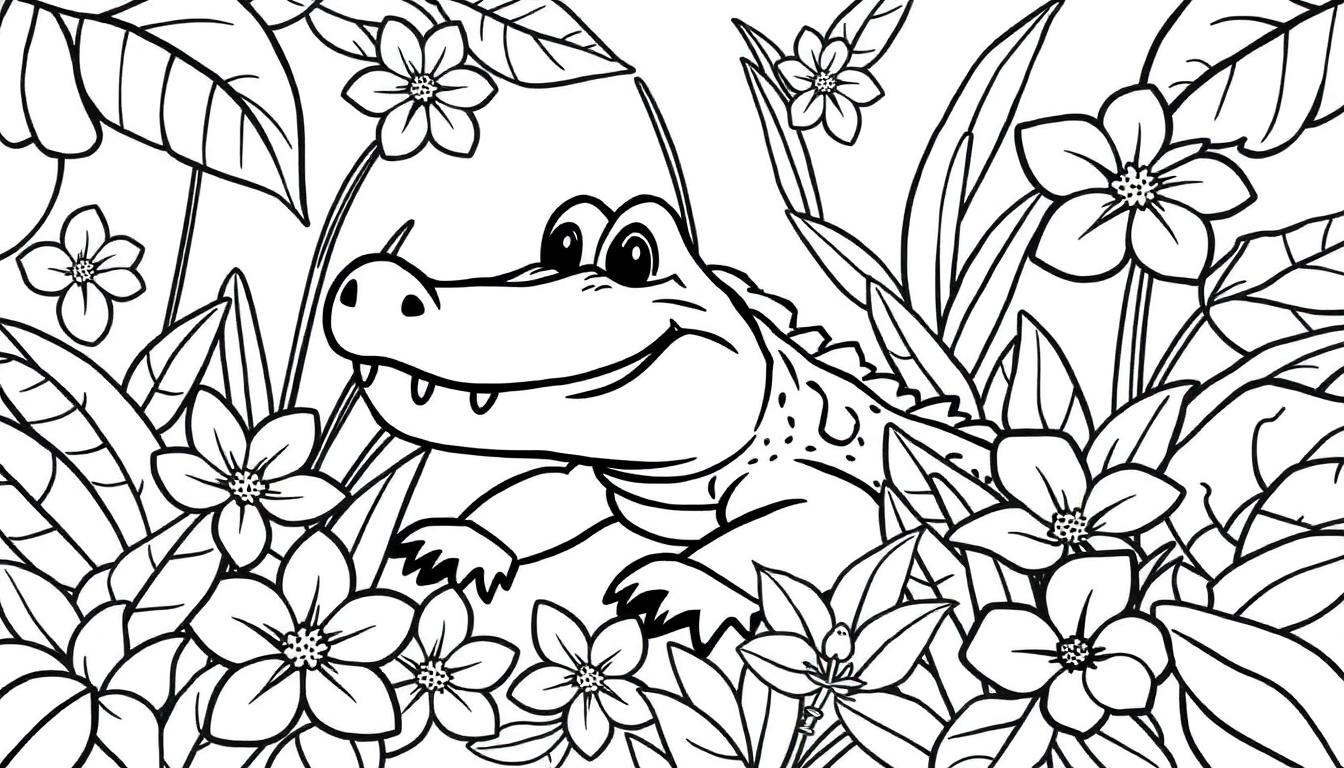 Eine Farbtafel eines freundlichen Cartoon-Krokodils inmitten bunter Dschungelblumen.