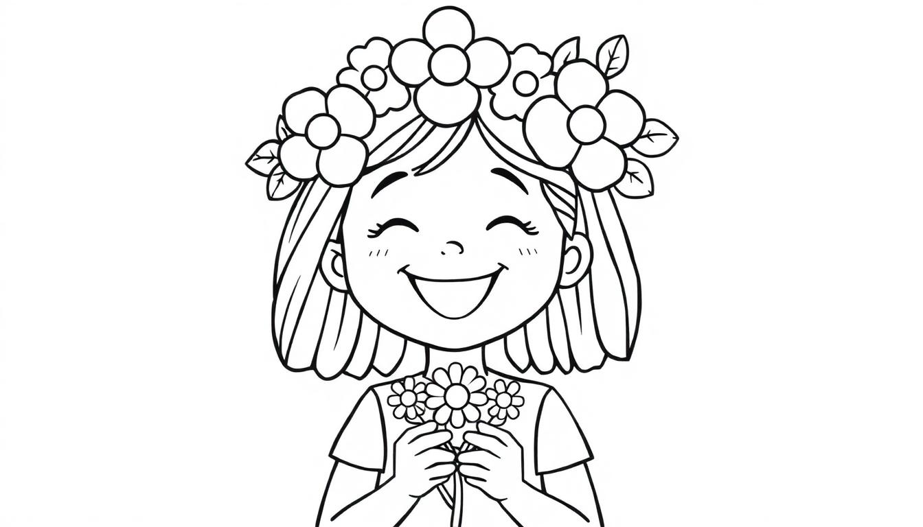 Eine fröhliche Farbtafel eines Mädchens mit einer Girlande aus bunten Blumen im Haar und einem Blumenstrauß.