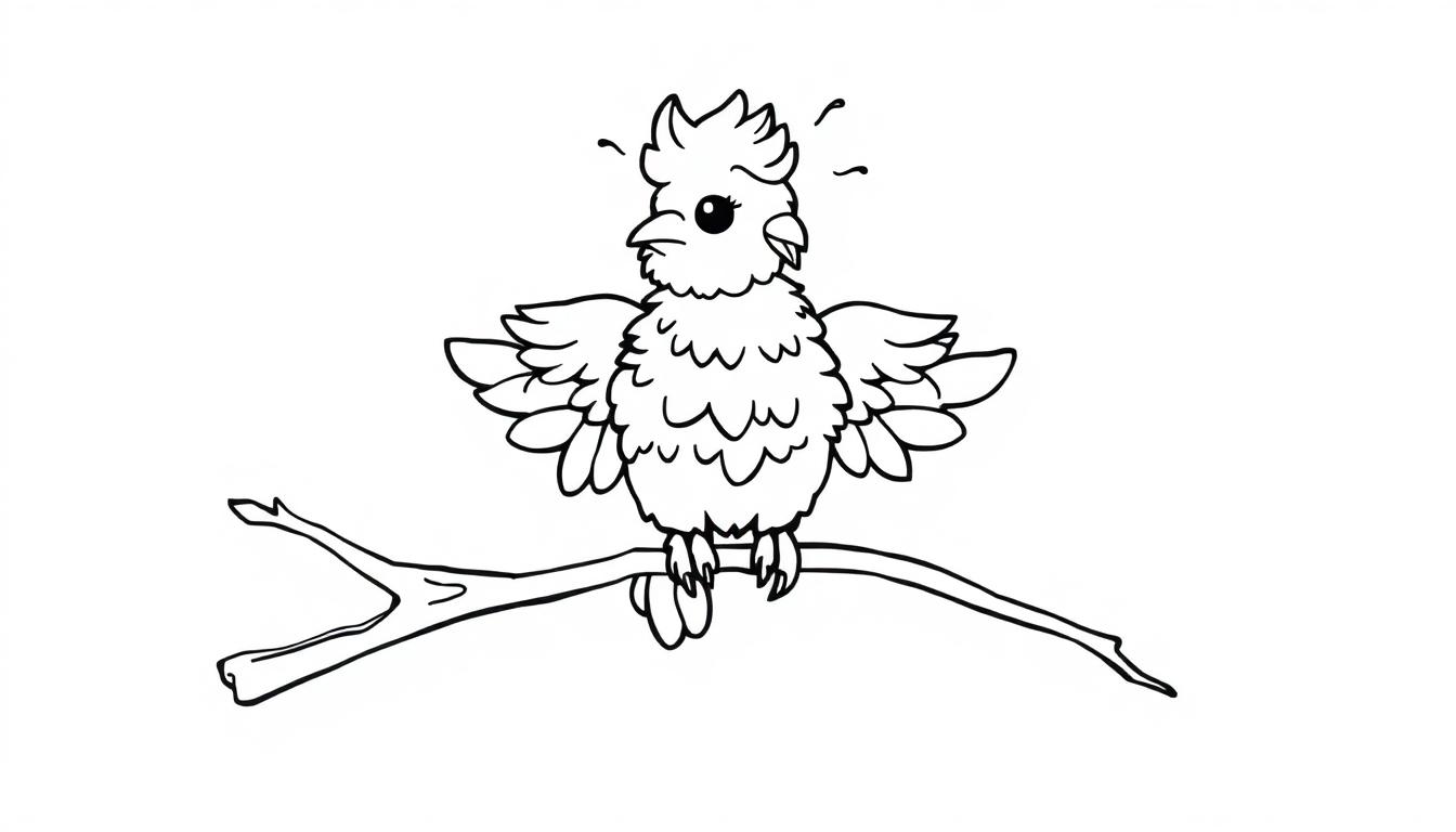 Eine Cartoon-Farbtafel eines kleinen, zerzausten Vogels mit abgespreizten Flügeln auf einem Ast.