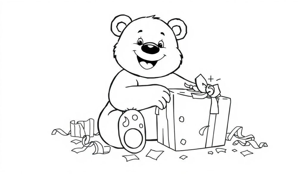 Eine Schwarz-Weiß-Farbtafel-Zeichnung eines Teddybären, der freudig ein Geschenk öffnet.