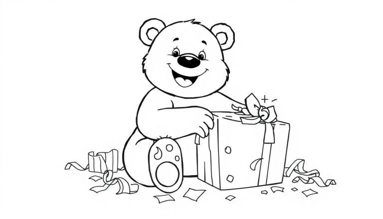 Eine Schwarz-Weiß-Farbtafel-Zeichnung eines Teddybären, der freudig ein Geschenk öffnet.