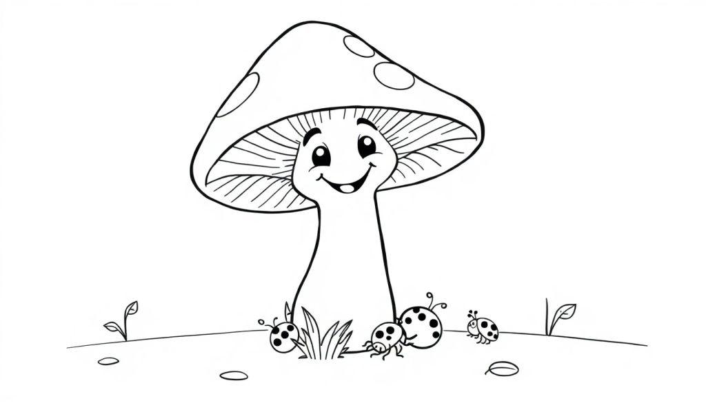Farbtafel: Ein freundlicher Pilz mit Tupfenhut und Marienkäfer auf dem Gras.