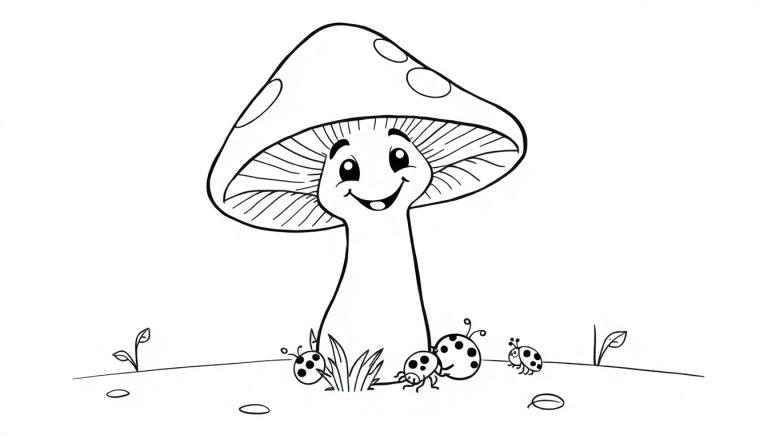 Farbtafel: Ein freundlicher Pilz mit Tupfenhut und Marienkäfer auf dem Gras.