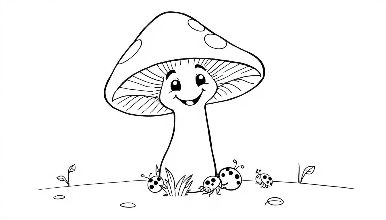 Farbtafel: Ein freundlicher Pilz mit Tupfenhut und Marienkäfer auf dem Gras.