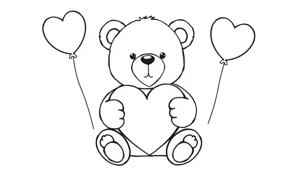 Schwarz-weiß Farbtafel eines Teddybären, der ein Herz hält und von Herzballons umgeben ist.