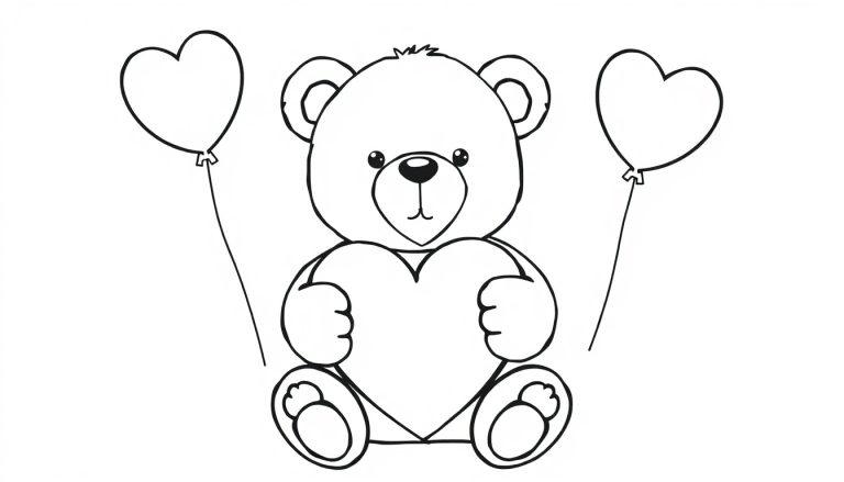 Schwarz-weiß Farbtafel eines Teddybären, der ein Herz hält und von Herzballons umgeben ist.