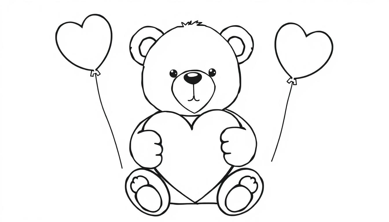 Schwarz-weiß Farbtafel eines Teddybären, der ein Herz hält und von Herzballons umgeben ist.