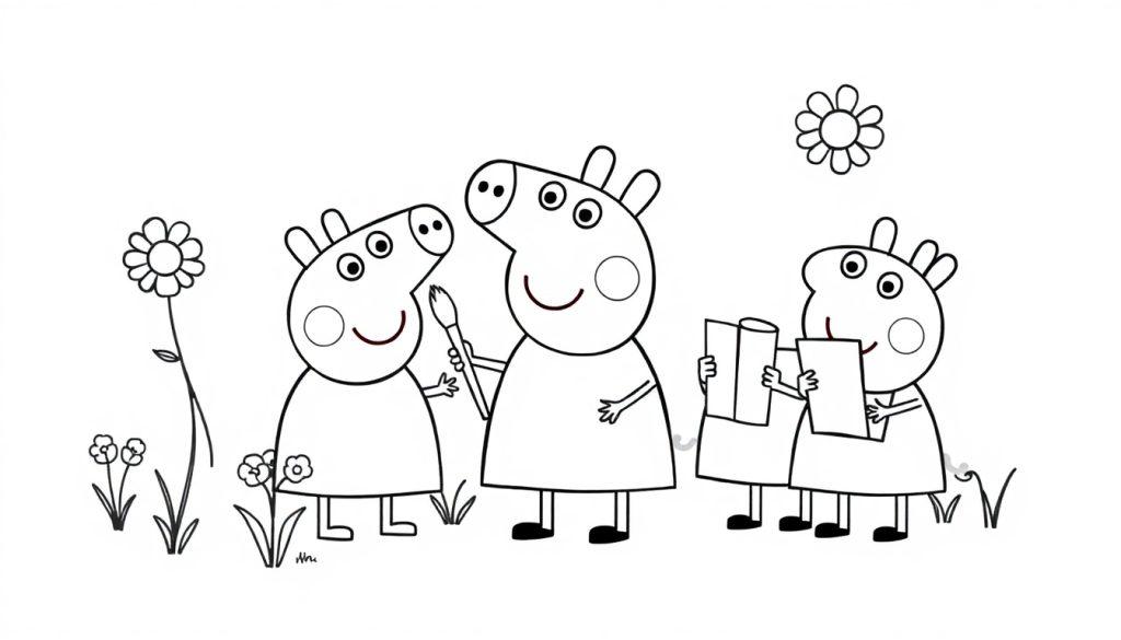 Farbtafel: Drei fröhliche Schweinchen im Peppa Wutz Stil, die Blumen halten.