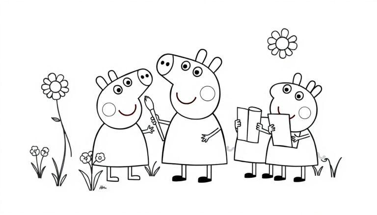 Farbtafel: Drei fröhliche Schweinchen im Peppa Wutz Stil, die Blumen halten.