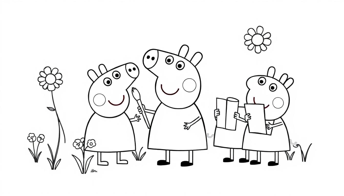Farbtafel: Drei fröhliche Schweinchen im Peppa Wutz Stil, die Blumen halten.