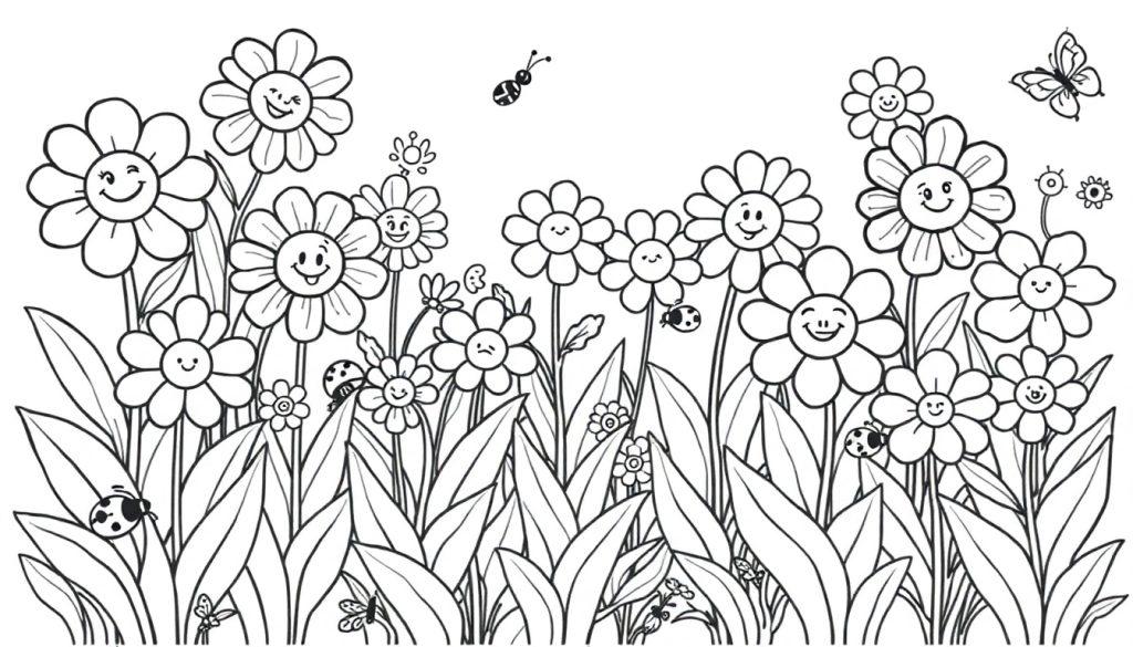 Ein auszumalsendes Blumenfeld mit lächelnden Gänseblümchen und Insekten als Farbtafel.