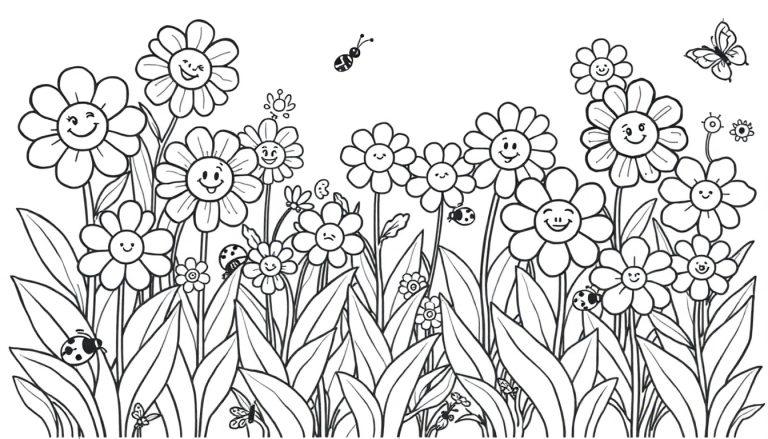 Ein auszumalsendes Blumenfeld mit lächelnden Gänseblümchen und Insekten als Farbtafel.