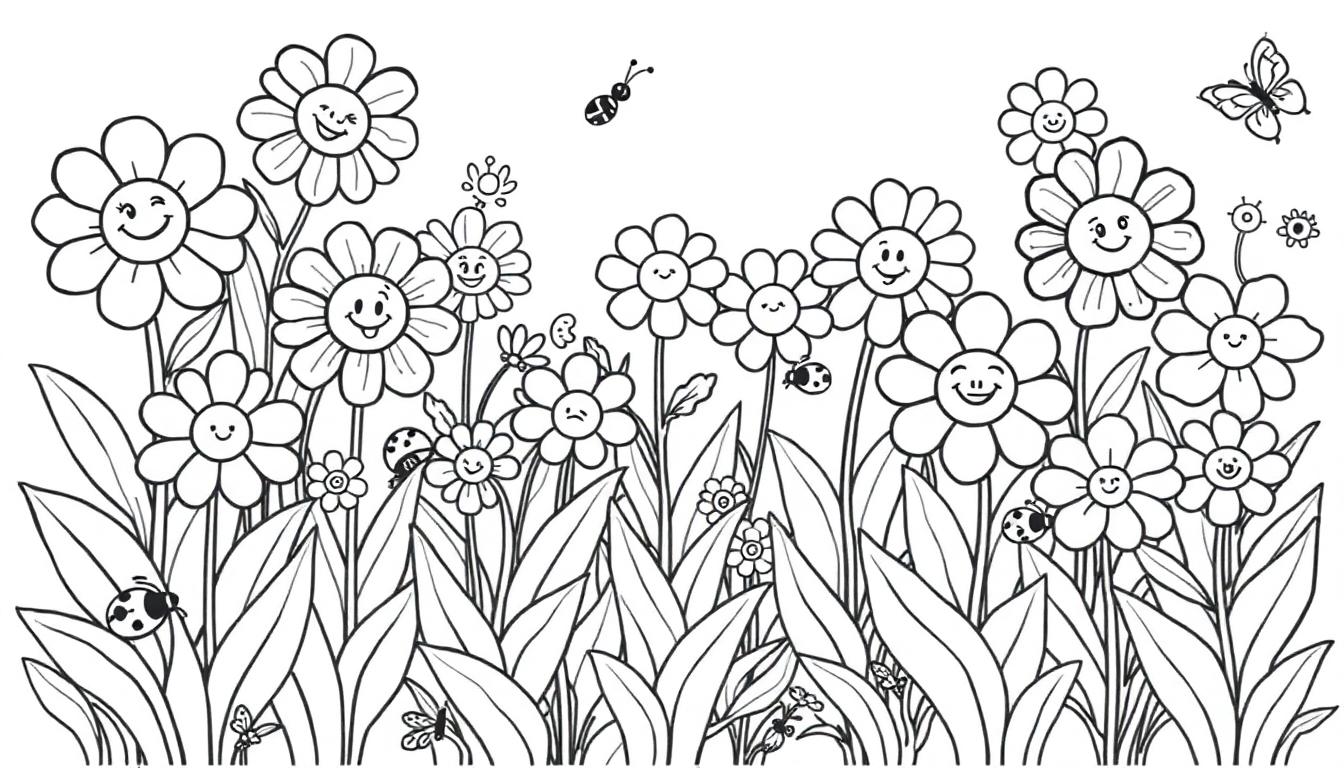 Ein auszumalsendes Blumenfeld mit lächelnden Gänseblümchen und Insekten als Farbtafel.