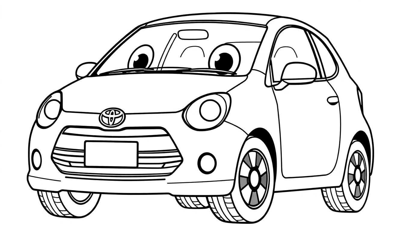 Strichzeichnung eines freundlichen Autos mit großen Augen, bereit für eine Farbtafel.