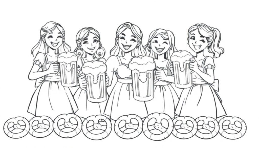 Schwarz-weiße Farbtafel zum Ausmalen: Fünf fröhliche Mädchen im Dirndl halten Bierkrüge und stehen vor Brezeln.