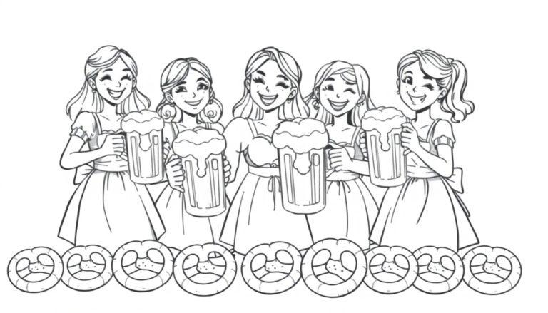 Schwarz-weiße Farbtafel zum Ausmalen: Fünf fröhliche Mädchen im Dirndl halten Bierkrüge und stehen vor Brezeln.