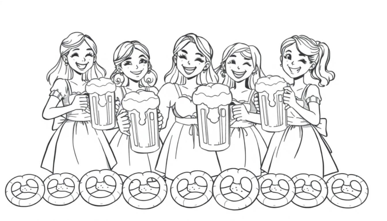 Schwarz-weiße Farbtafel zum Ausmalen: Fünf fröhliche Mädchen im Dirndl halten Bierkrüge und stehen vor Brezeln.