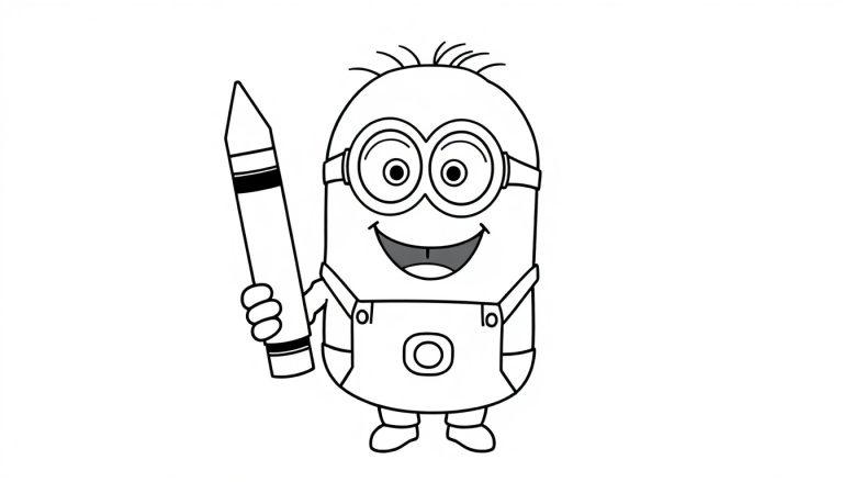 Farbtafel eines Schwarz-Weiß-Minions, der einen Buntstift hält.
