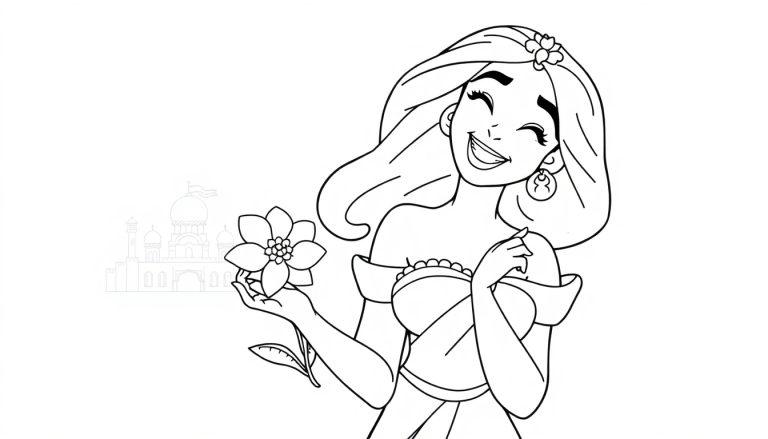 Farbtafel: Prinzessin Jasmin lächelt und hält eine Blume, mit dem Palast von Agrabah im Hintergrund, bereit zum Ausmalen.