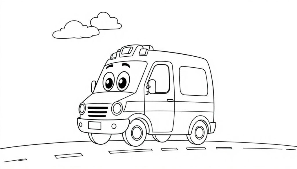 Schwarz-Weiß-Farbtafel eines fröhlichen Cartoon-Krankenwagens mit großen Augen auf einer Straße.