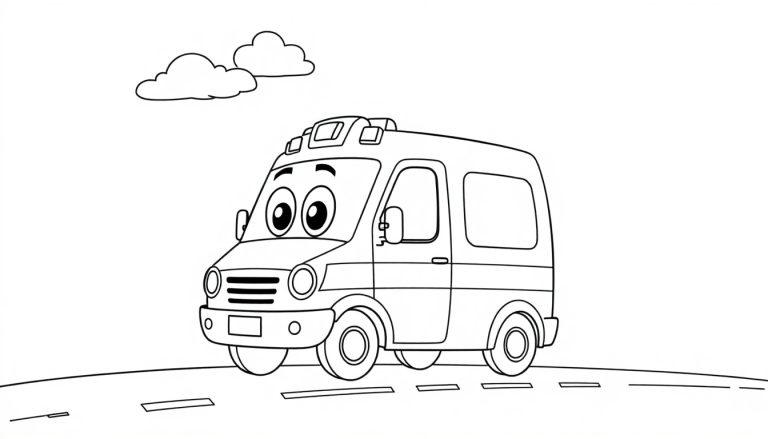 Schwarz-Weiß-Farbtafel eines fröhlichen Cartoon-Krankenwagens mit großen Augen auf einer Straße.
