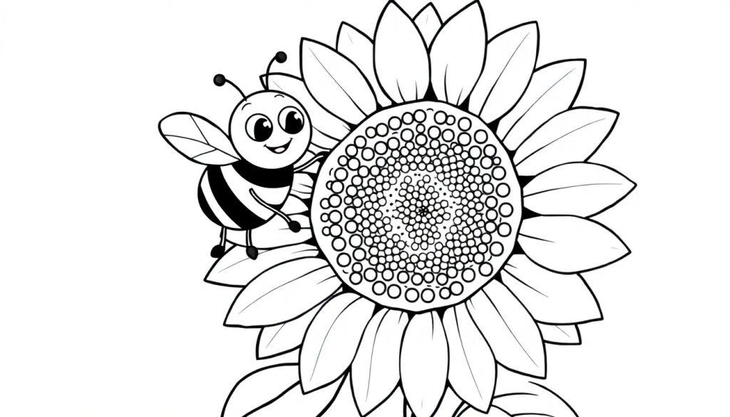 Eine niedliche Malvorlage einer summenden Biene auf einer riesigen Sonnenblume, bereit zum Ausmalen mit vielen Farben.