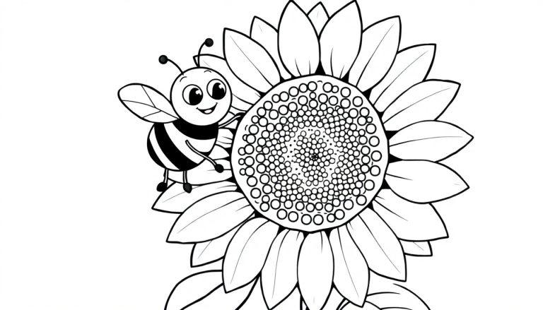 Eine niedliche Malvorlage einer summenden Biene auf einer riesigen Sonnenblume, bereit zum Ausmalen mit vielen Farben.