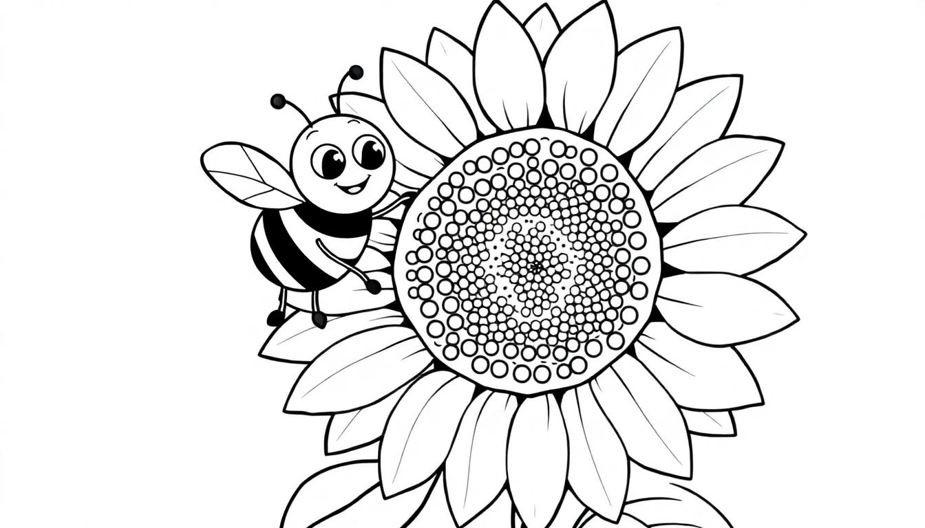 Eine niedliche Malvorlage einer summenden Biene auf einer riesigen Sonnenblume, bereit zum Ausmalen mit vielen Farben.