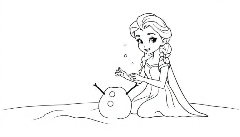 Elsa baut im Schnee einen Schneemann, eine Schwarz-Weiß-Farbtafel.