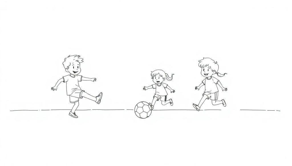 Farbtafel: Drei Kinder spielen fröhlich Fußball. Ein Junge tritt auf den Ball, ein Mädchen führt ihn und ein drittes Kind rennt dazu.