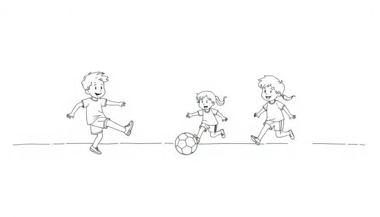 Farbtafel: Drei Kinder spielen fröhlich Fußball. Ein Junge tritt auf den Ball, ein Mädchen führt ihn und ein drittes Kind rennt dazu.