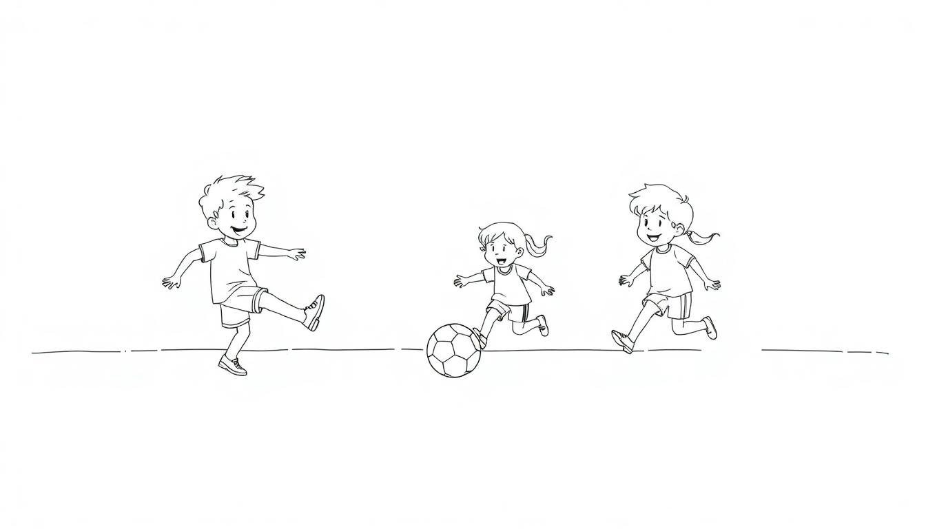 Farbtafel: Drei Kinder spielen fröhlich Fußball. Ein Junge tritt auf den Ball, ein Mädchen führt ihn und ein drittes Kind rennt dazu.