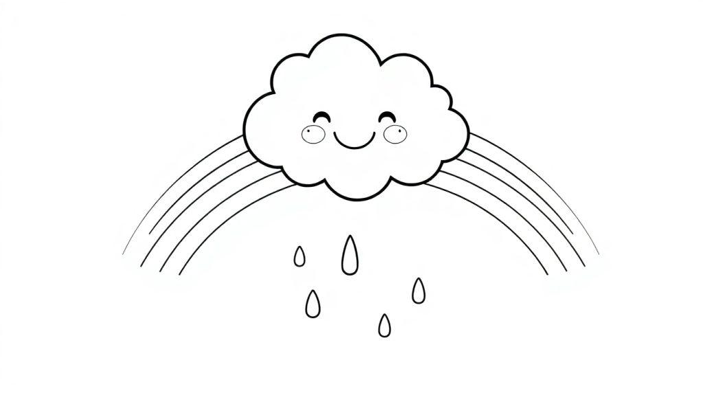 Schwarz-Weiß-Farbtafel einer lächelnden Wolke, die einen Regenbogen und Regentropfen malt.