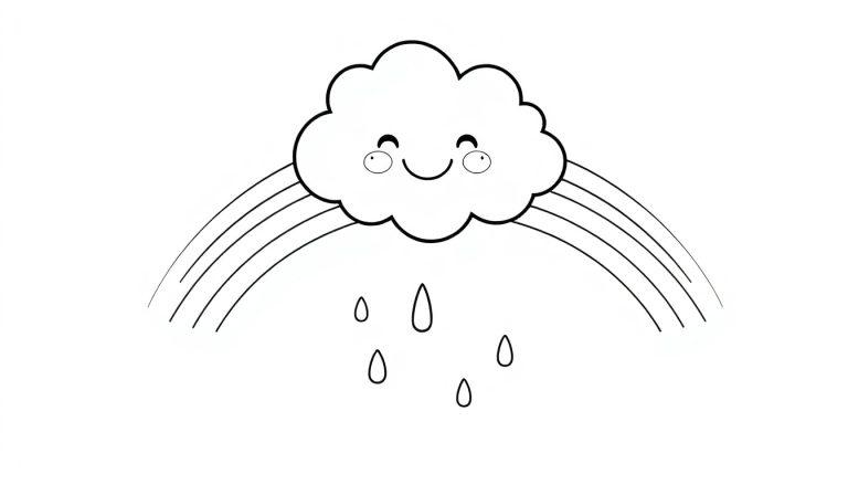 Schwarz-Weiß-Farbtafel einer lächelnden Wolke, die einen Regenbogen und Regentropfen malt.
