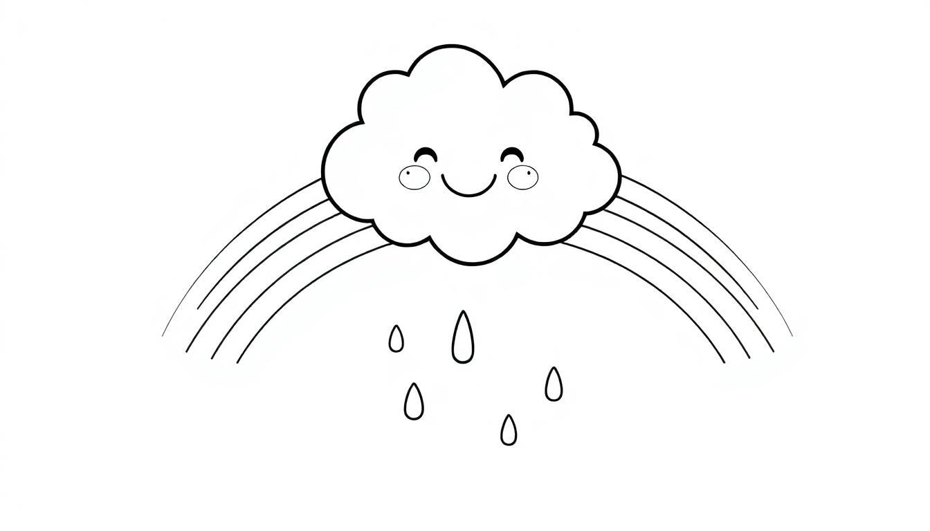 Schwarz-Weiß-Farbtafel einer lächelnden Wolke, die einen Regenbogen und Regentropfen malt.