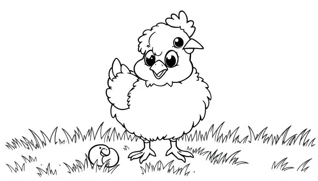 Schwarz-weiß Farbtafel: Ein flauschiges Küken mit großen Augen neben einem Ei auf einer Wiese.