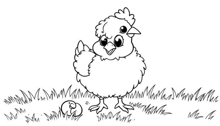 Schwarz-weiß Farbtafel: Ein flauschiges Küken mit großen Augen neben einem Ei auf einer Wiese.