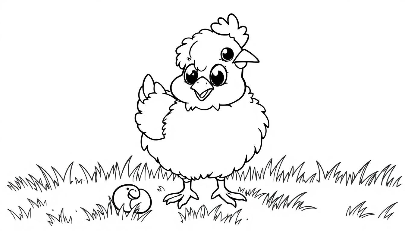 Schwarz-weiß Farbtafel: Ein flauschiges Küken mit großen Augen neben einem Ei auf einer Wiese.