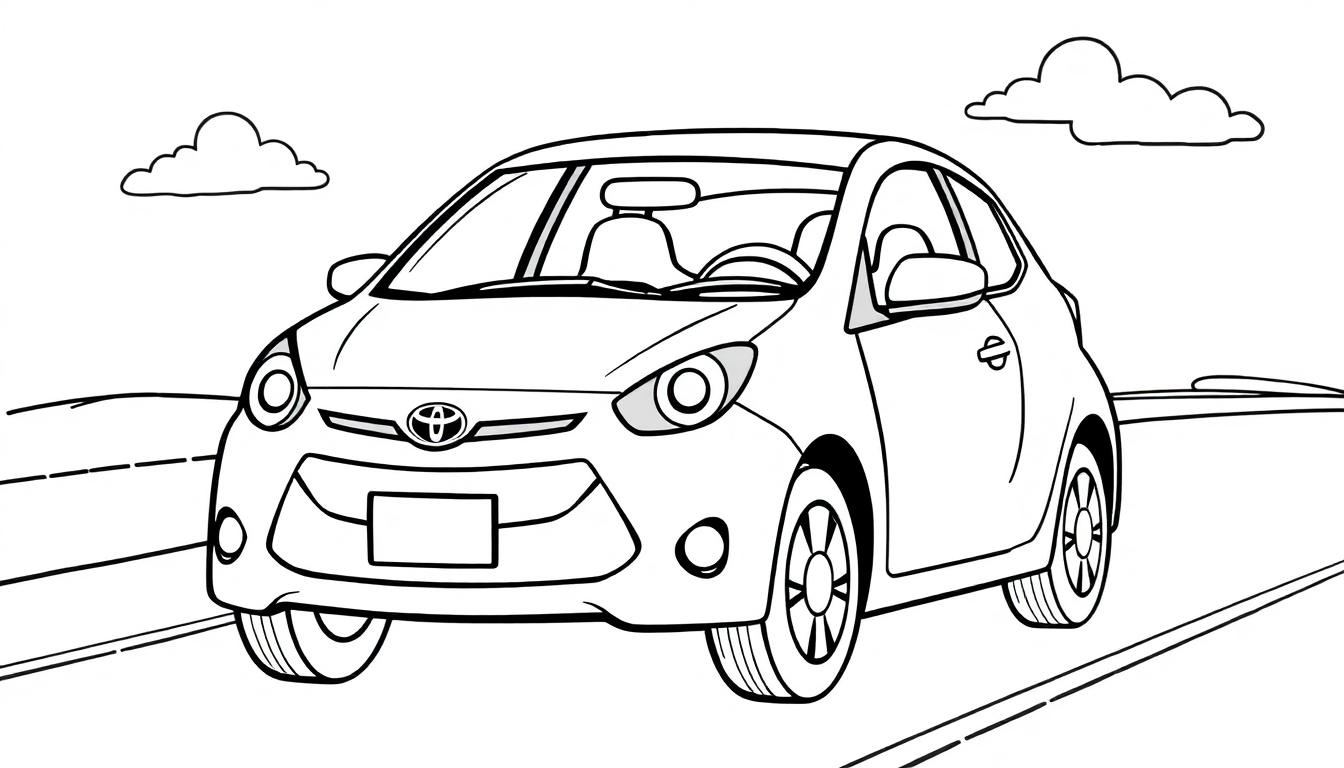 Niedliche Cartoon-Farbtafel eines kleinen Toyota Autos auf einer Straße mit Wolken im Himmel.