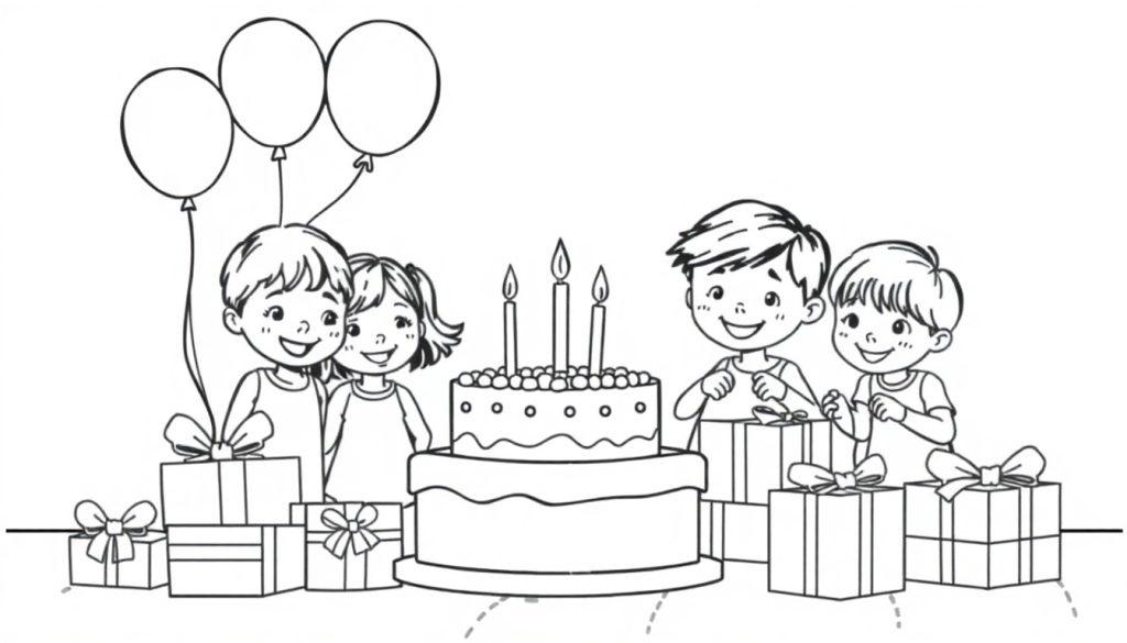 Schwarz-weiße Umrisszeichnung eines fröhlichen Kindergeburtstags mit Kuchen, Ballons und Geschenken. Eine Farbtafel zum Ausmalen.