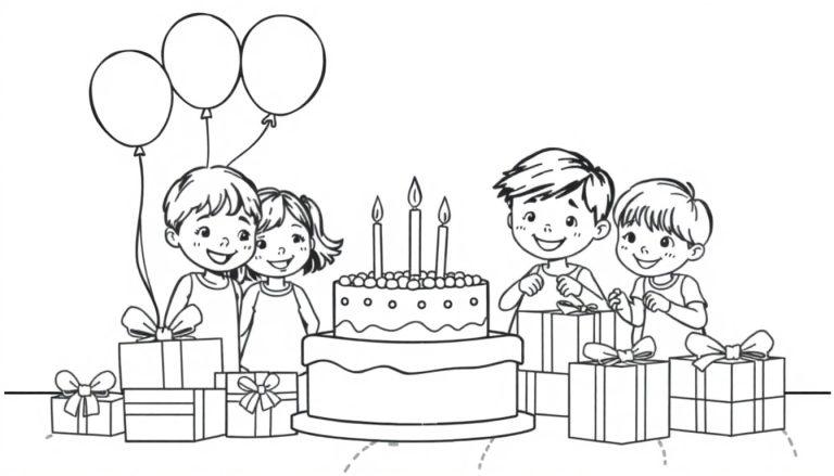 Schwarz-weiße Umrisszeichnung eines fröhlichen Kindergeburtstags mit Kuchen, Ballons und Geschenken. Eine Farbtafel zum Ausmalen.